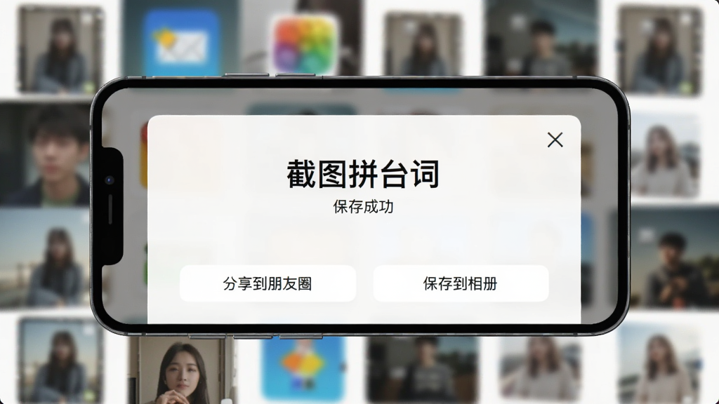 一张手机横屏持握的示意图,屏幕中显示“截图拼台词”的图片保存成功界面,界面上有“分享到朋友圈”和“保存到相册”两个按钮,背景是模糊的相册缩略图,整体风格简洁,提示清晰,画质干净,无多余元素