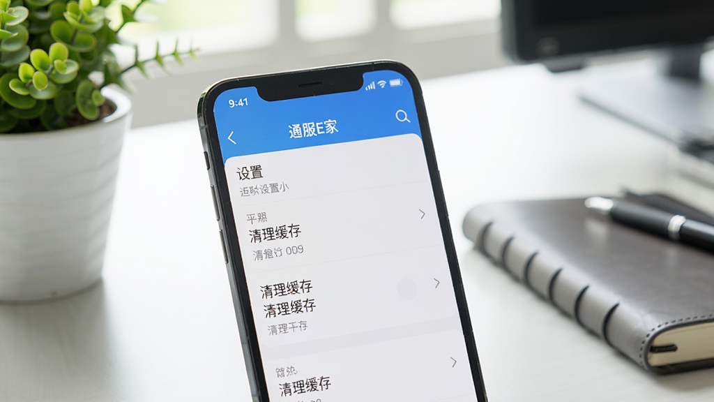 主体为一部正在运行通服E家APP的智能手机,屏幕特写显示“设置”页面中的“清理缓存”选项,手机放在办公桌上,旁边有绿植和笔记本,画面明亮,浅景深效果,风格写实,强调日常办公维护场景,细节清晰,画质干净,无多余元素
