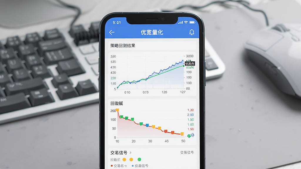 画面主体为手机屏幕展示“优宽量化”APP的策略回测结果页面,包含收益曲线、回撤曲线、交易信号标记等图表。布局为手机居中,背景为浅灰色工作台,周围有散落的键盘和鼠标。风格为简洁商务风,数据可视化清晰,细节精致,画质干净,无多余元素。