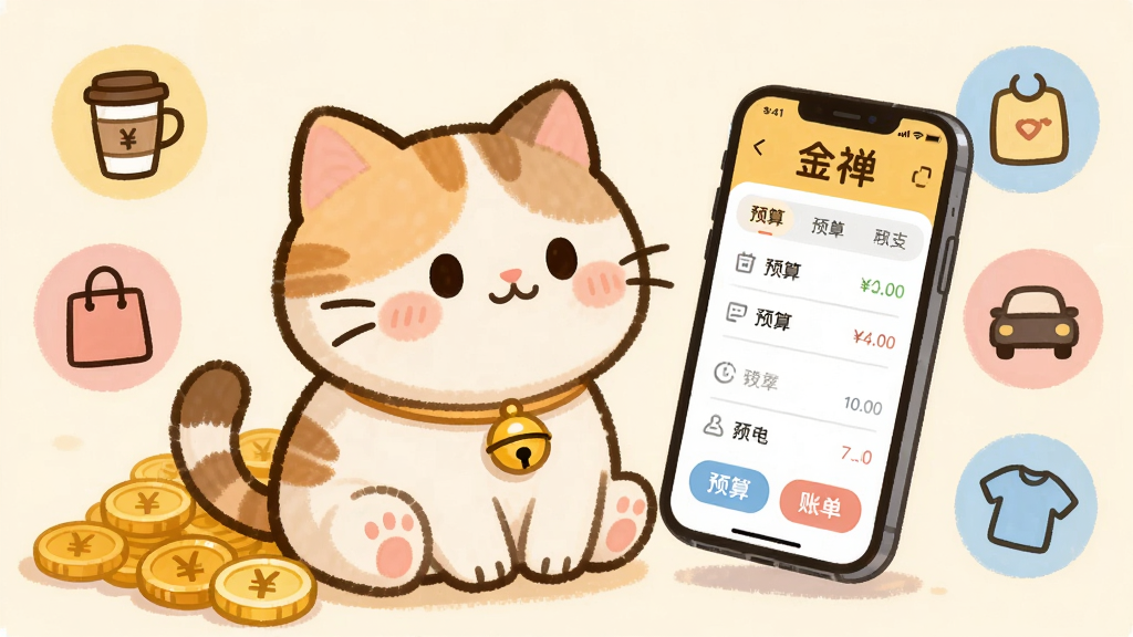 主体:一只可爱的卡通猫咪坐在金币堆旁,面前悬浮着手机屏幕显示金禅记账界面。布局:猫咪位于画面中央偏左,手机屏幕在右侧,周围环绕各种生活物品图标(咖啡杯、购物袋、汽车、衣服)。排版:画面简洁,猫咪表情治愈,手机界面显示“金禅”字样和收支列表。风格:温暖柔和的手绘插画风,色彩以奶油黄、淡粉、浅蓝为主,光线柔和。细节:猫咪戴着金色小铃铛,金币上有“¥”符号,手机屏幕有“预算”和“账单”按钮。画质:高清,干净,无多余元素。