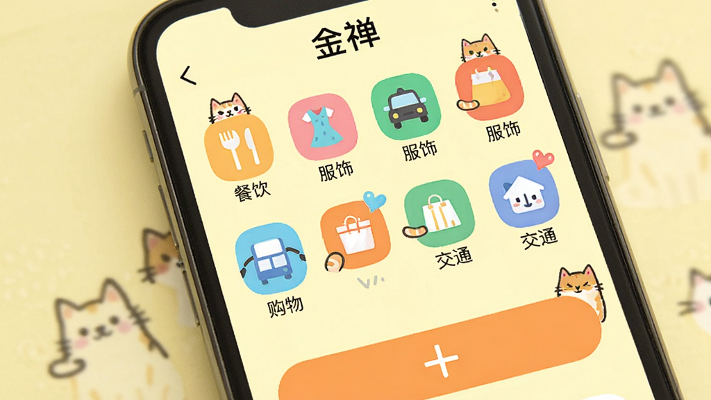 主体:手机屏幕特写显示金禅记账界面,屏幕上排列着各种彩色分类图标。布局:手机居中,屏幕内分类图标呈网格状排列,每个图标下方有中文标签。排版:图标整齐,色彩鲜艳,背景为淡黄色。风格:扁平化UI风格,结合手绘猫咪元素,整体明亮活泼。细节:屏幕顶部显示“金禅”字样,中间有“餐饮”“服饰”“交通”“购物”等图标,底部有一个大大的“+”按钮。画质:高清,干净,无多余元素。
