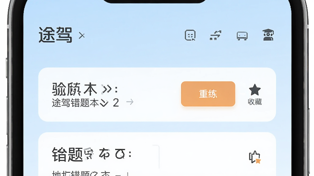 途驾错题本界面展示,包含错题列表、重练按钮和收藏图标,界面采用淡蓝色背景,卡片式布局,文字清晰,标注“途驾”名称,画质干净。