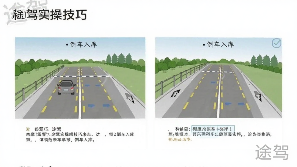 途驾实操技巧文章页面截图,展示科目二倒车入库的步骤图解,配有文字说明,界面风格清爽,图片清晰,标注“途驾”水印,画质干净。