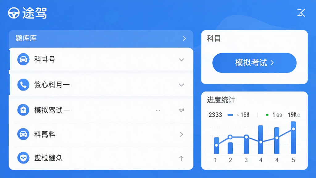 途驾驾考学习软件的主界面预览图,展示科目一题库列表、模拟考试按钮和进度统计图表,整体风格简洁清爽,以蓝色为主色调,界面布局清晰,图标精致,文字标注“途驾”字样,画质干净,无多余元素。