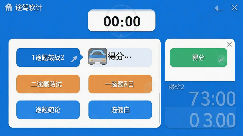 途驾软件模拟考试界面截图,显示答题卡、倒计时和得分统计,题目文字清晰,选项按钮醒目,整体风格简洁,蓝色背景搭配白色卡片,画质干净,无多余元素。