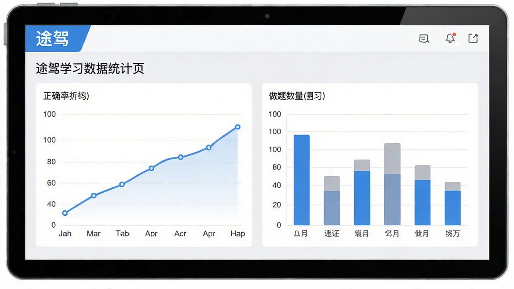 途驾学习数据统计页面,展示正确率折线图和做题数量柱状图,界面采用简约风格,蓝色与灰色搭配,数据可视化清晰,标注“途驾”字样,画质干净。