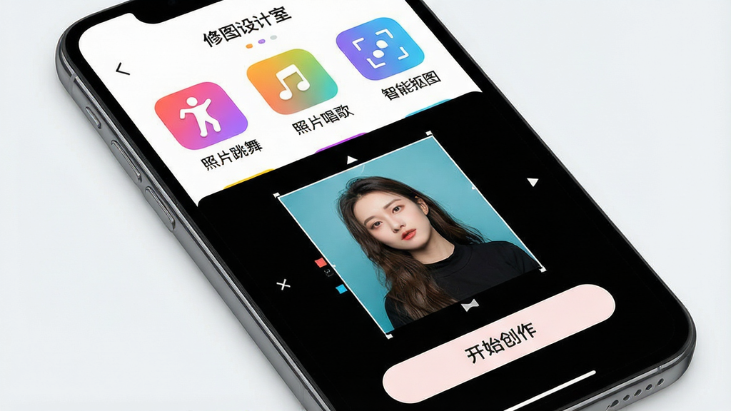 一张智能手机屏幕特写,屏幕中清晰显示“修图设计室”APP的主界面,界面布局整洁,上方是功能图标网格,包括“照片跳舞”、“照片唱歌”、“智能抠图”等彩色图标,中间有一张示例人物照片正在被编辑,下方有“开始创作”按钮,整体风格现代简约,色彩明亮,UI设计精致,高清画质,干净无多余元素