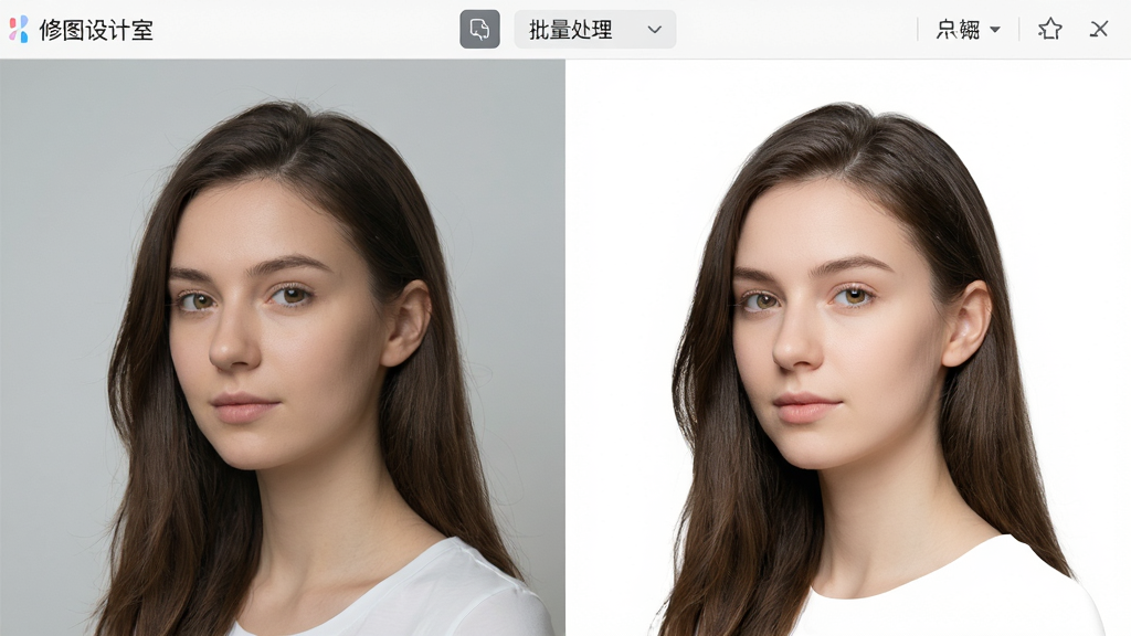一张展示“修图设计室”智能抠图效果的对比图,左侧是原图,右侧是抠出主体后替换为纯白背景的效果,边缘光滑,发丝细节清晰,界面顶部显示“批量处理”工具栏,整体风格专业简洁,高清画质,干净无多余元素