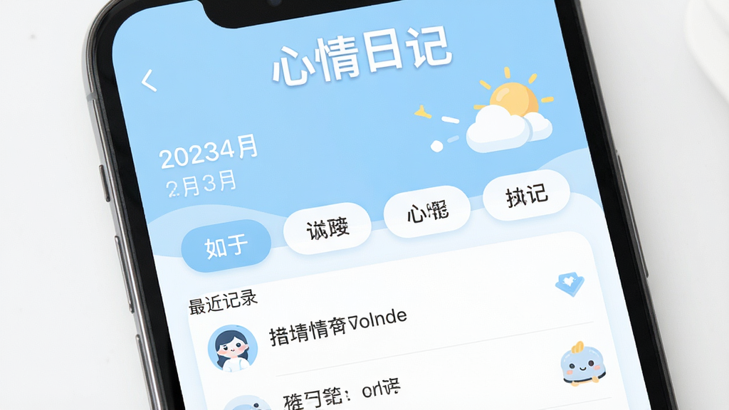 一张展示心情日记应用主界面的高清截图,主体是手机屏幕上的软件界面,布局清晰,上方显示日期和天气,中间是分类标签,下方是最近记录的笔记列表,整体风格简洁明亮,采用浅蓝色和白色为主色调,图标设计圆润可爱,画质干净,无多余元素,突出“心情日记”四个字在屏幕顶部。