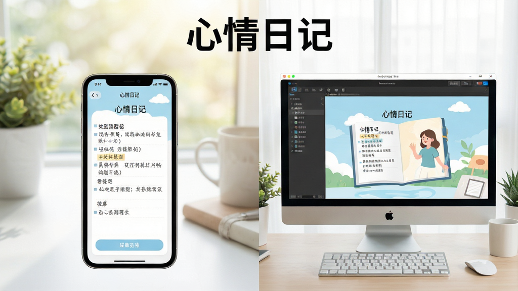 展示心情日记在手机和电脑上的使用场景对比图,左边是手机屏幕显示记录界面,右边是电脑模拟器窗口显示同一应用,整体布局清晰,风格明亮,细节丰富,画质干净,无多余元素,图片上标注“心情日记”字样。
