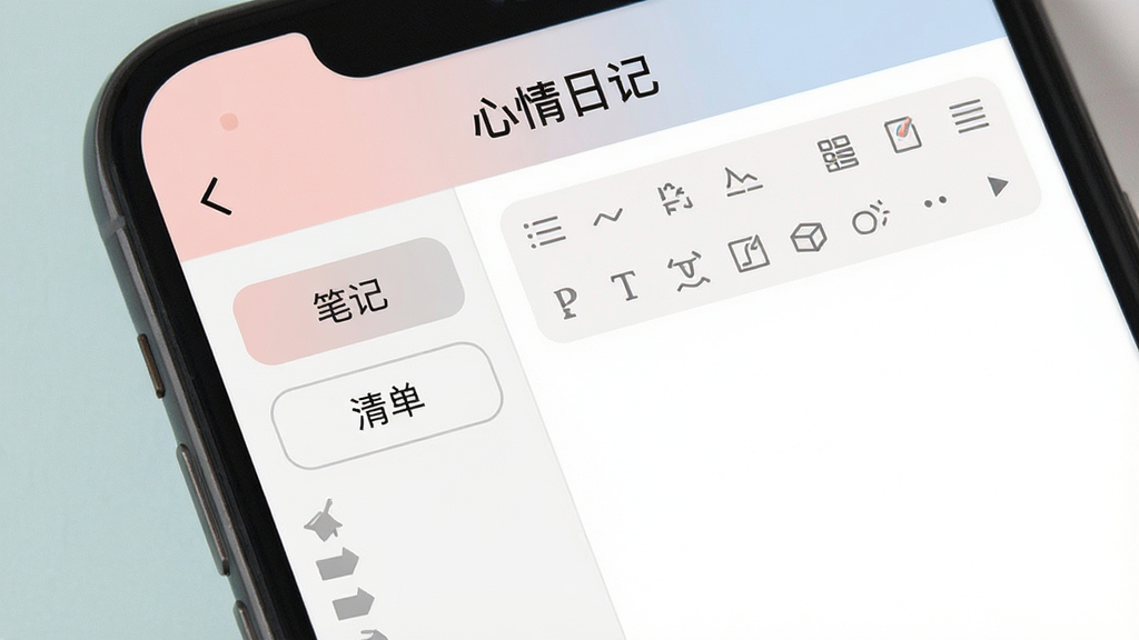 展示心情日记应用的多功能记录界面,主体是手机屏幕,左侧显示“笔记”和“清单”两个切换按钮,右侧是内容编辑区域,有丰富的文本格式工具条,整体布局清晰,排版整齐,风格简约现代,色彩柔和,画质干净,无多余元素,屏幕上方有“心情日记”字样。