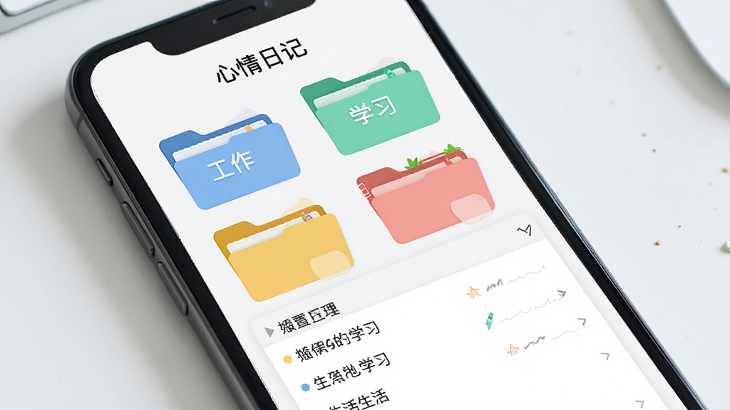 展示心情日记的分类管理界面,主体是手机屏幕,显示多个彩色文件夹图标,每个文件夹上标有“工作”、“学习”、“生活”等标签,点击一个文件夹后展开内部笔记列表,整体布局清晰,色彩丰富但不刺眼,风格清新,画质干净,无多余元素,屏幕上方有“心情日记”字样。