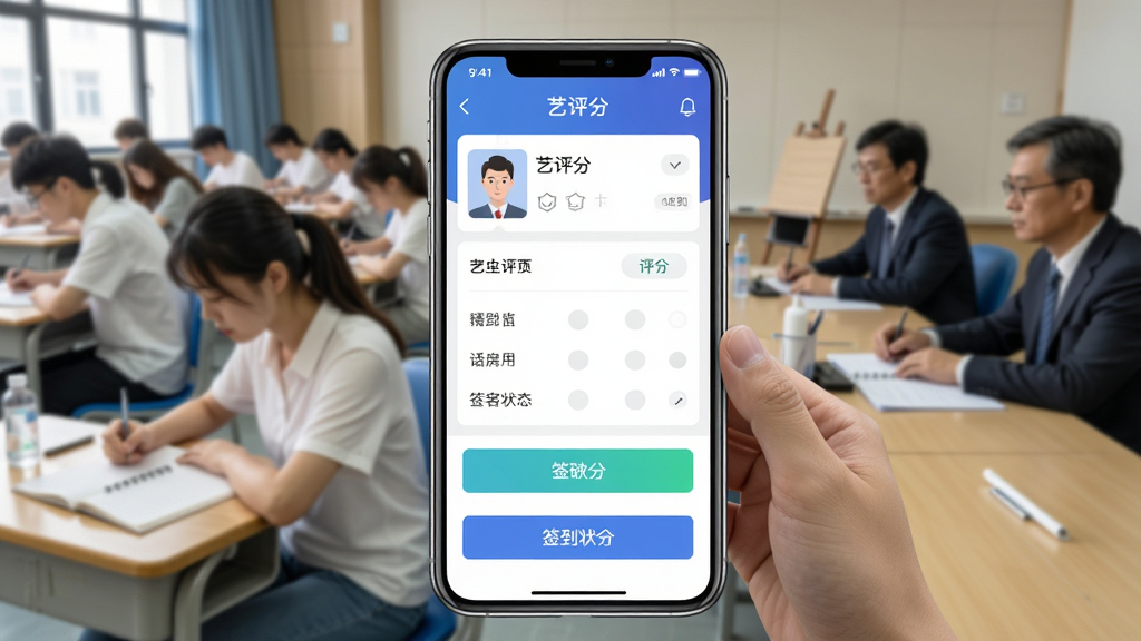 图片展示艺评分app在艺术类考试现场的应用场景,主体为手机屏幕上的艺评分界面,背景是考场中正在考试的考生和评委,布局采用居中构图,界面清晰显示考生信息与评分按钮,风格写实明亮,细节包括评分项、签到状态,画质高清干净,无多余元素,图片文字标注