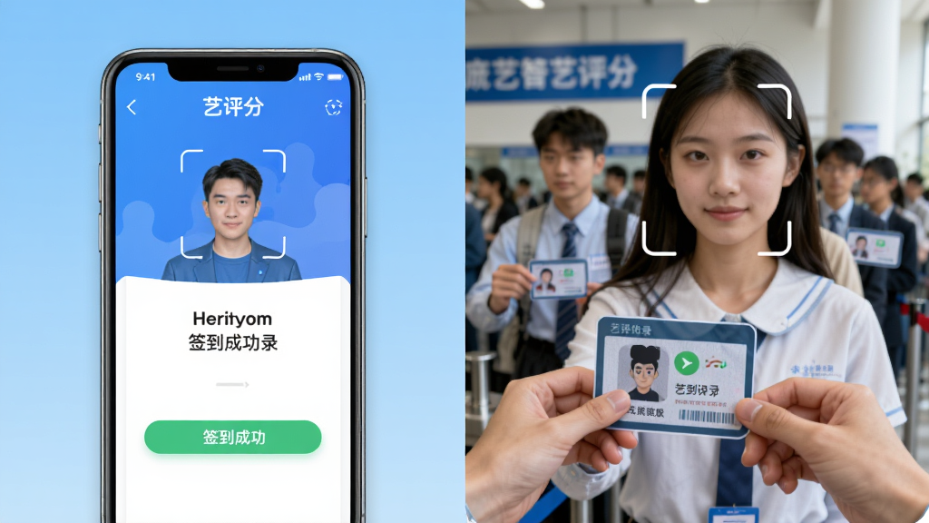 展示艺评分app的智能签到检录功能,主体为手机屏幕上的签到成功界面,背景是考生手持身份证排队检录的场景,布局采用左右分屏设计,左边为操作界面,右边为实景,风格清晰现代,细节包括人脸识别框和签到成功提示,画质干净,无多余元素,图片文字标注
