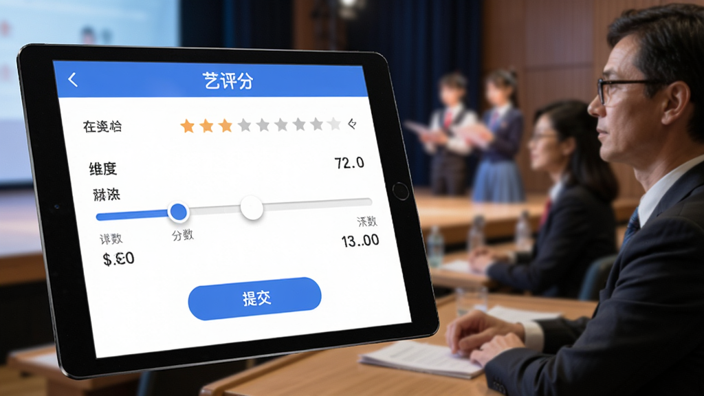 展示艺评分app的在线评分功能,主体为平板电脑上的评分操作界面,背景是评委老师正在观看考生表演,布局采用特写镜头,界面显示评分滑块和提交按钮,风格专业简洁,细节包括评分维度和分数显示,画质高清,无多余元素,图片文字标注