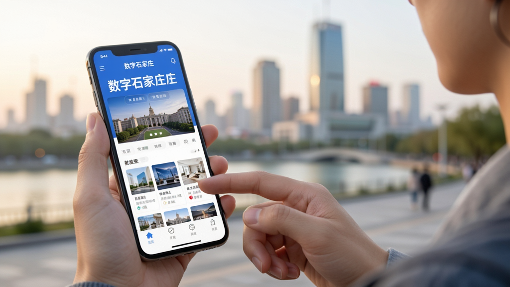 数字石家庄APP使用场景示意图,展示一位用户手持手机在户外使用该应用,手机屏幕显示数字石家庄首页,背景是模糊的城市风景,突出移动端使用的便捷性,整体画面自然,光线柔和,画质清晰,无多余文字