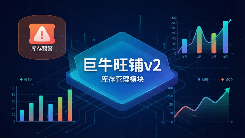 一张数据可视化风格的图片,中心为“巨牛旺铺v2”库存管理模块,周围环绕着库存预警图标、柱状图、趋势线,色彩鲜明,背景为科技感网格,画质干净,无多余元素