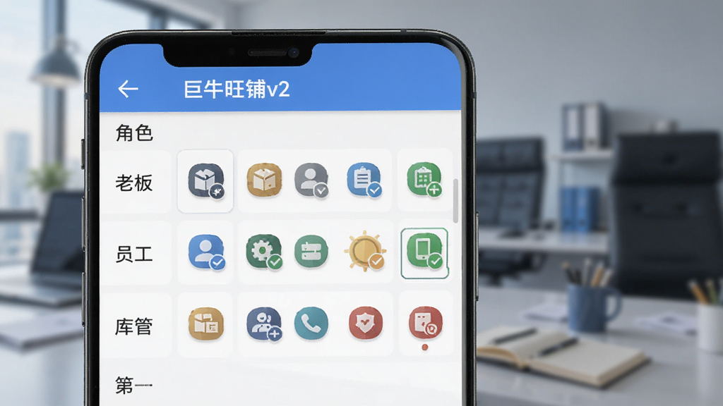 手机界面展示“巨牛旺铺v2”的权限管理功能,有角色列表(老板、员工、库管等),每个角色对应不同功能图标,背景为商务风格,扁平设计,画质清晰,无多余元素