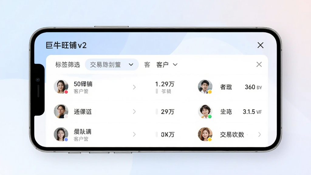手机应用“巨牛旺铺v2”的客户管理页面,显示客户列表、标签筛选栏、客户头像和交易次数,背景为柔和渐变,风格清新,排版整齐,画质干净,无多余元素