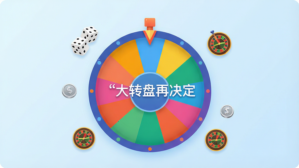 一张现代简约风格的手机应用界面预览图,主视觉是一个色彩鲜艳、分区明确的大转盘,转盘上写有“大转盘再决定”字样,周围有骰子、硬币、轮盘等小图标点缀,背景为干净的浅蓝色渐变,整体布局清晰,画质高清,无多余元素
