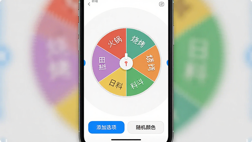 一张手机操作界面截图,屏幕中显示一个正在编辑的转盘,转盘各分区显示不同的自定义文字选项,如“火锅”、“烧烤”、“日料”,界面底部有“添加选项”、“随机颜色”等按钮,整体风格简洁明快,突出DIY功能,画质干净,无多余元素