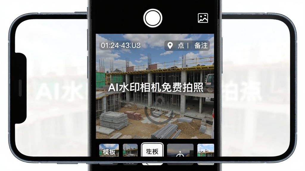 主体为一部智能手机屏幕展示AI水印相机免费拍照的拍照界面,屏幕中央显示一个带有时间、地点、备注水印的施工现场照片,水印文字清晰可见,布局简洁,上方有快门按钮和相册入口,下方有模板选择栏,风格为扁平化设计,细节丰富,画质清晰干净,无多余元素,图片文字标注“AI水印相机免费拍照”
