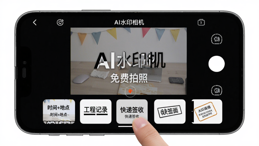 主体为AI水印相机免费拍照应用内水印编辑界面,屏幕上展示一张拍摄好的照片,底部有多个水印模板缩略图,包括“时间+地点”、“工程记录”、“快递签收”等样式,用户手指正点击一个模板,上方实时预览水印效果,布局清晰,风格简洁,画质干净,无多余元素,图片文字标注“AI水印相机免费拍照”