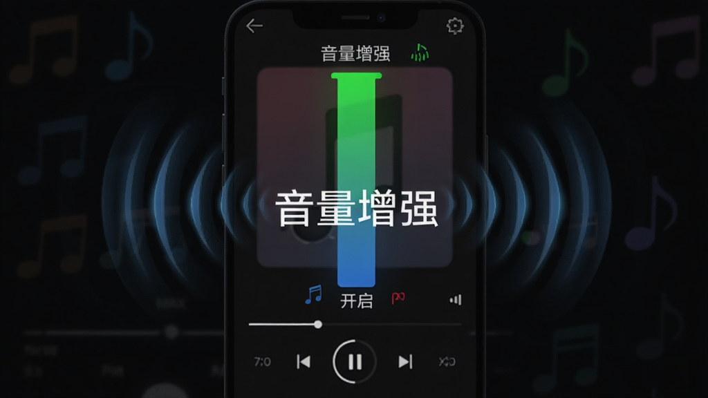 手机喇叭MAX音量增强应用界面,显示音量增强功能开启状态,背景为音乐播放界面,音量条明显提升至高位,周围有音波扩散动画,界面风格简约清晰,带有“音量增强”字样,高清画质,干净无多余元素