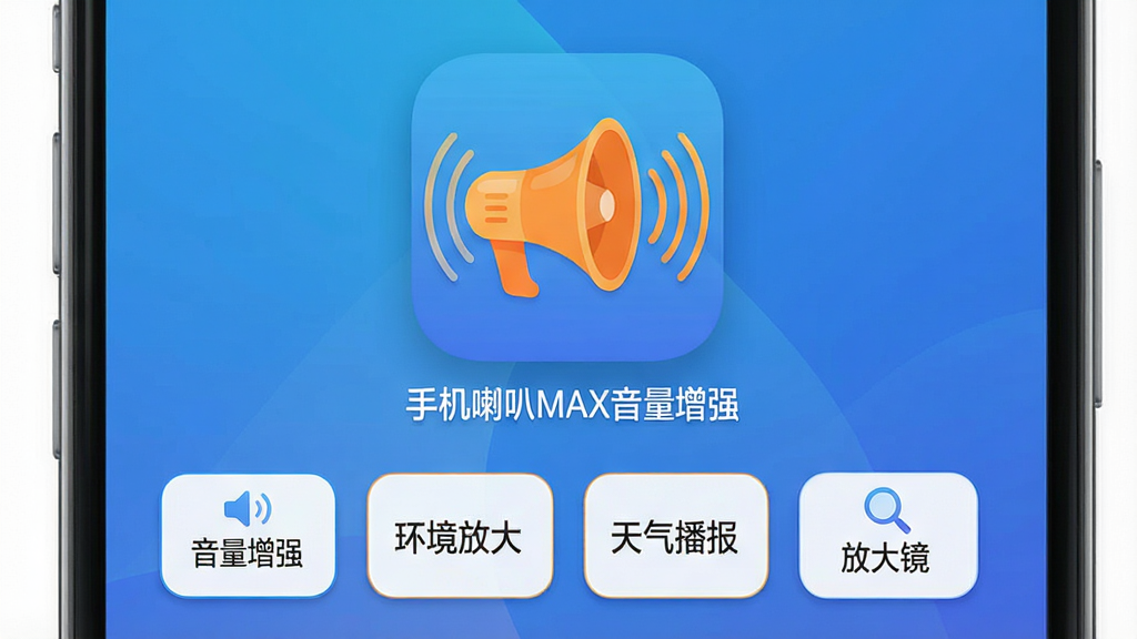 一幅展示智能手机屏幕界面,界面中央有“手机喇叭MAX音量增强”应用图标,图标为橙色喇叭造型,周围环绕声波波纹,背景为渐变蓝色调,图标下方有“音量增强”“环境放大”“天气播报”“放大镜”四个功能按钮,布局简洁清晰,现代扁平化设计风格,高清画质,干净无多余元素