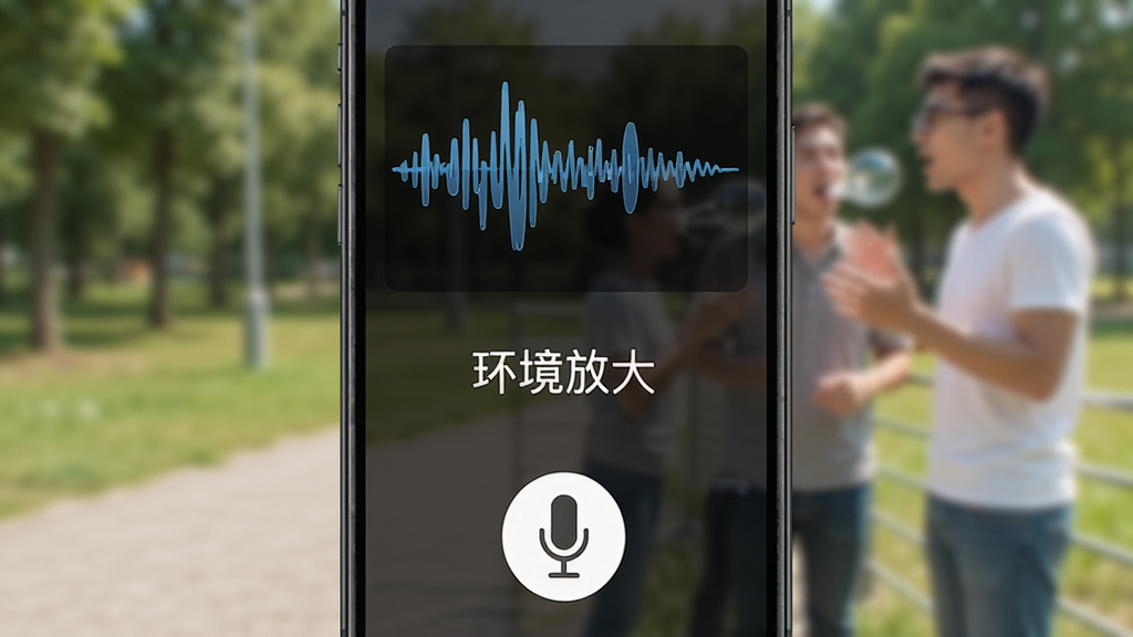 手机喇叭MAX音量增强应用界面,显示环境声音放大功能,手机麦克风图标位于屏幕下方,上方有声音波形图,背景为户外场景,远处有人说话,界面风格直观易懂,带有“环境放大”字样,高清画质,干净无多余元素