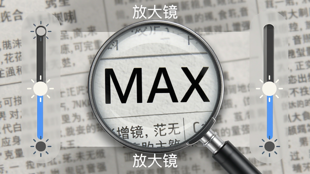 手机喇叭MAX音量增强应用界面,显示放大镜功能,屏幕中央有放大区域,边缘有亮度调节滑块,背景为报纸或书籍文字,文字被放大清晰可见,界面风格简洁实用,带有“放大镜”字样,高清画质,干净无多余元素