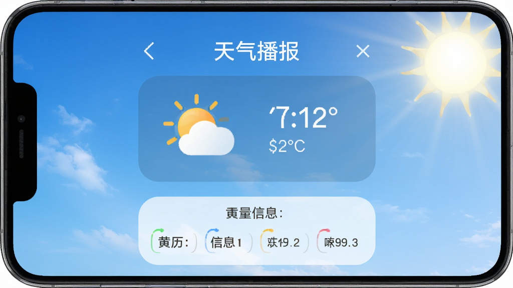 手机喇叭MAX音量增强应用界面,显示天气播报功能,屏幕上有今日天气图标和温度,下方有黄历信息,背景为晴朗天空,界面风格清新,带有“天气播报”字样,高清画质,干净无多余元素