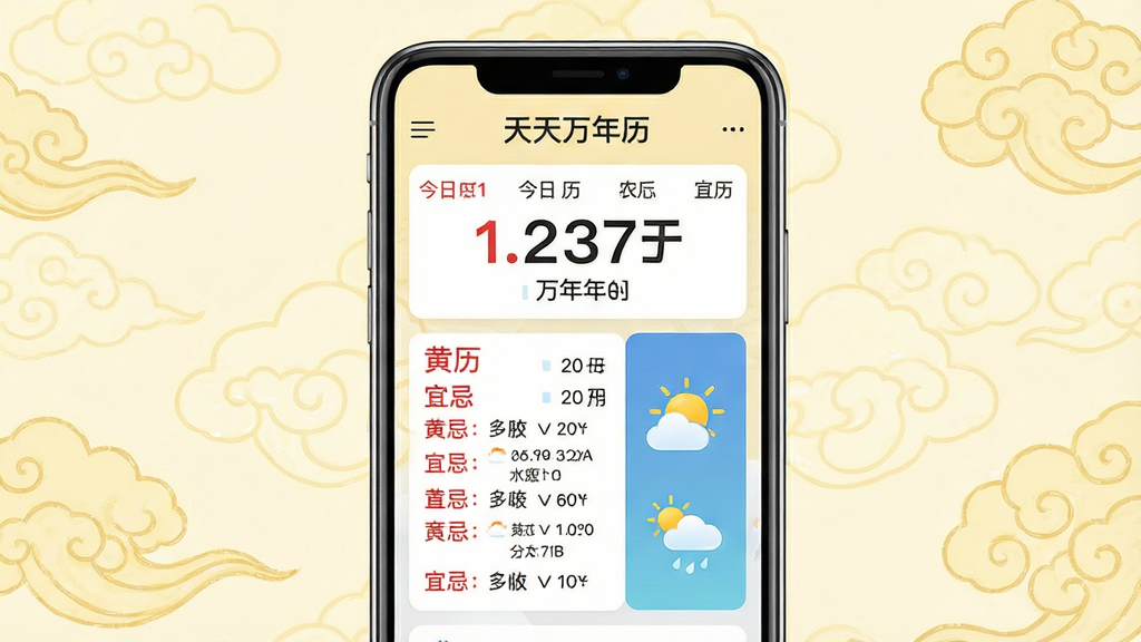 主体:一部智能手机屏幕显示天天万年历主界面,界面顶部显示“天天万年历”字样,中部展示今日农历日期、黄历宜忌列表和天气图标。布局:手机居中,背景为淡黄色祥云纹理,界面元素清晰排列。排版:现代扁平化设计,信息分区明确。风格:清新简约,带有传统中国风韵味。细节:日期数字醒目,宜忌条目用红色与黑色区分,天气图标形象生动。画质:高清细腻,干净无多余元素。
