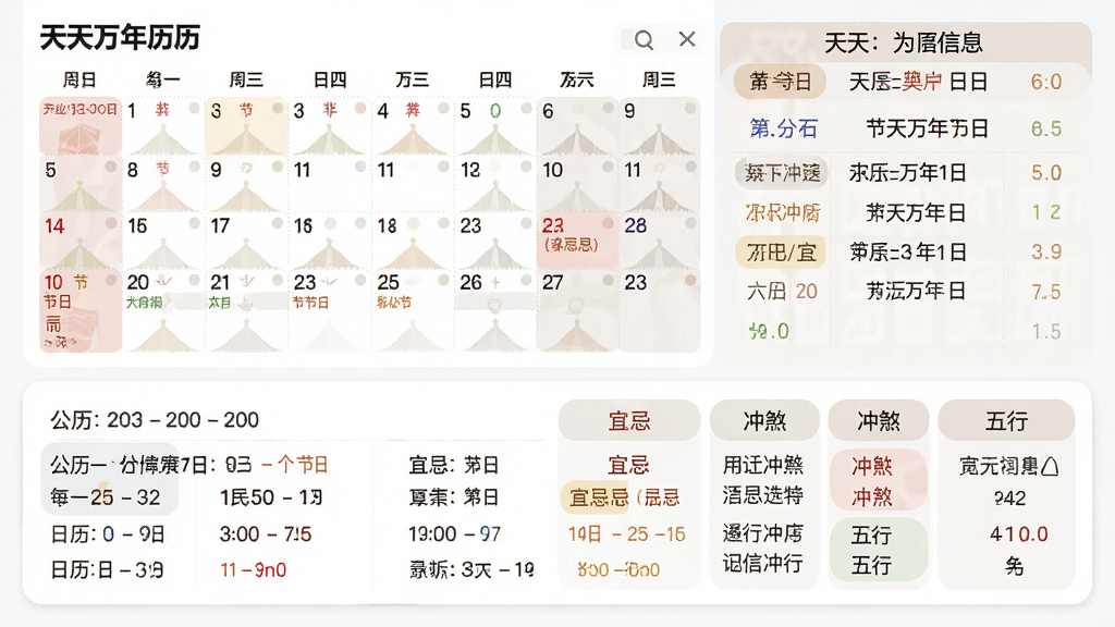 主体:天天万年历的日历展示页面,左侧为公历日期,右侧对应农历与黄历信息。布局:上下结构,上方为月份日历网格,下方为选中日期的详细信息卡片。排版:卡片式设计,文字清晰易读。风格:简洁商务,配色柔和。细节:日历格中标注节气与节日,信息卡片包含宜忌、冲煞、五行等。画质:干净整洁,无多余元素。