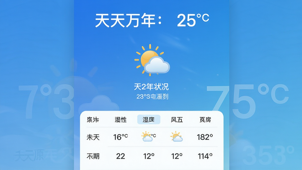 主体:天天万年历的天气页面,显示当前城市天气信息,包括温度、天气图标、湿度、风力等。布局:顶部为城市名称与当前温度,中部为天气图标与状况描述,下方为未来天气预报列表。排版:数据化展示,信息直观。风格:清爽现代,蓝色渐变背景。细节:天气图标精细,温度数字大而醒目,预报列表按天排列。画质:高清,干净无多余元素。