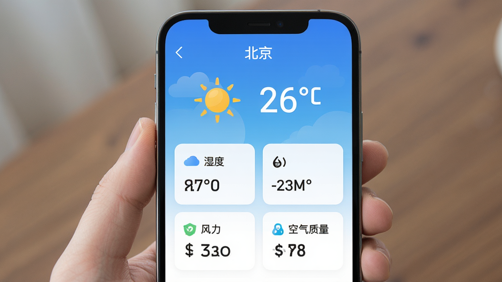 清时天气APP主界面预览图,手机竖屏展示,顶部显示当前城市“北京”,天气图标为晴天,温度26度,下方依次展示湿度、风力、空气质量数据卡片,整体采用蓝白渐变风格,扁平化设计,图标简洁清晰,文字使用黑色,背景干净,画质高清,无多余元素