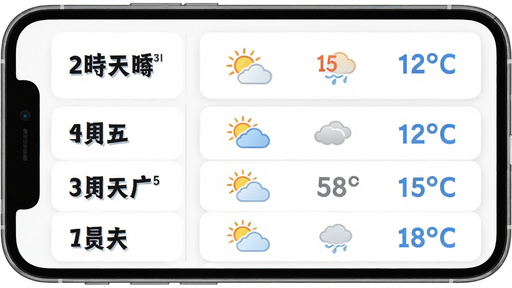 清时天气15日天气预报列表,手机界面,左侧日期,右侧天气图标和温度范围,背景为白色卡片式设计,日期用黑色加粗,天气图标彩色,温度用蓝色数字,界面清爽,排版整齐,画质高清,无多余元素
