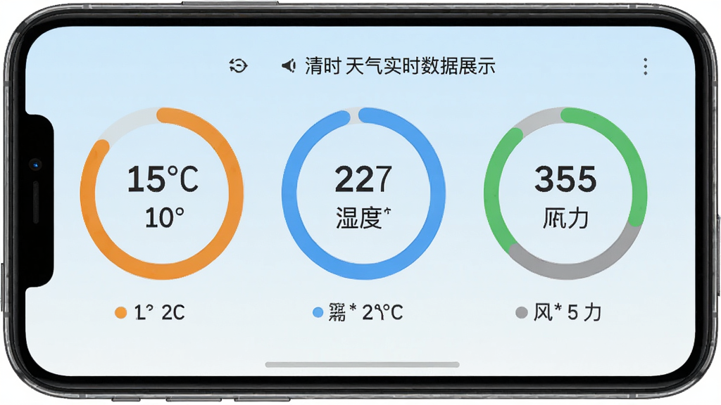 清时天气实时数据展示界面,手机截图样式,显示温度、湿度、空气质量、风力的圆形进度环,颜色分别为橙色、蓝色、绿色、灰色,背景为淡蓝色渐变,数据文字清晰,排版整齐,风格简约现代,画质清晰,无多余元素