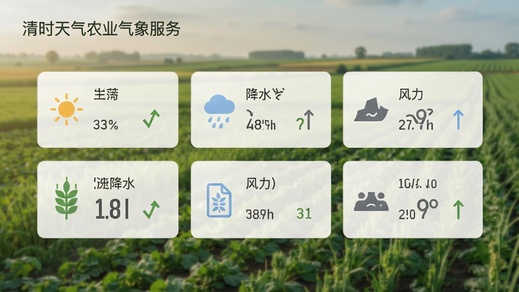 清时天气农业气象服务界面,显示农田背景图,叠加日照、降水、风力等数据卡片,卡片为半透明白色,文字深灰色,有农作物图标,风格自然清新,画质柔和,无多余元素