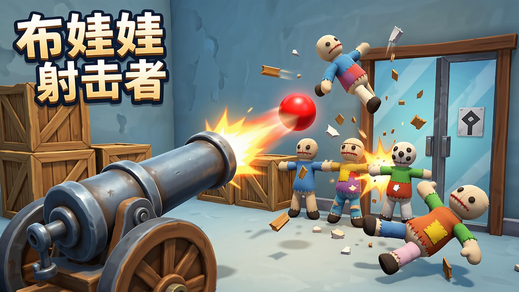游戏主视觉图,展示《布娃娃射击者》中一门火炮正对着一群布娃娃人形目标,周围有木箱、玻璃门等可破坏场景,红色弹球在空中飞过,画面动感十足,布娃娃被击飞翻滚,碎屑四溅,风格卡通明快,细节丰富,画质高清,干净无多余元素。