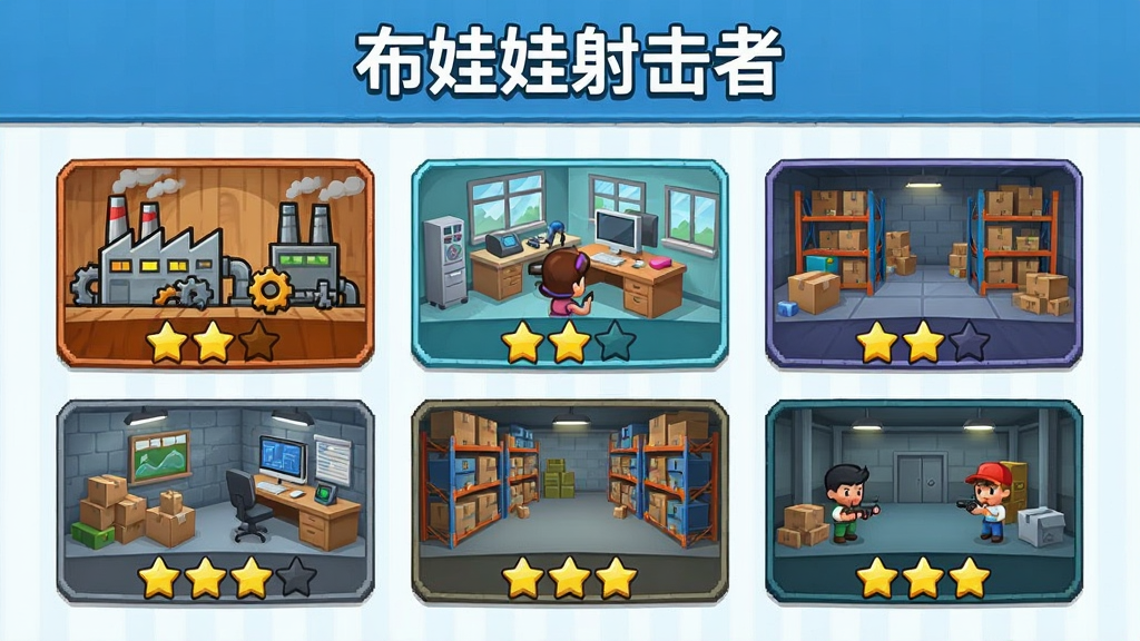 《布娃娃射击者》关卡选择界面,展示多个不同主题的关卡缩略图,有工厂、办公室、仓库等场景,每个关卡图标上标有星星评级,界面整洁,色彩鲜明,画质干净,无多余元素。