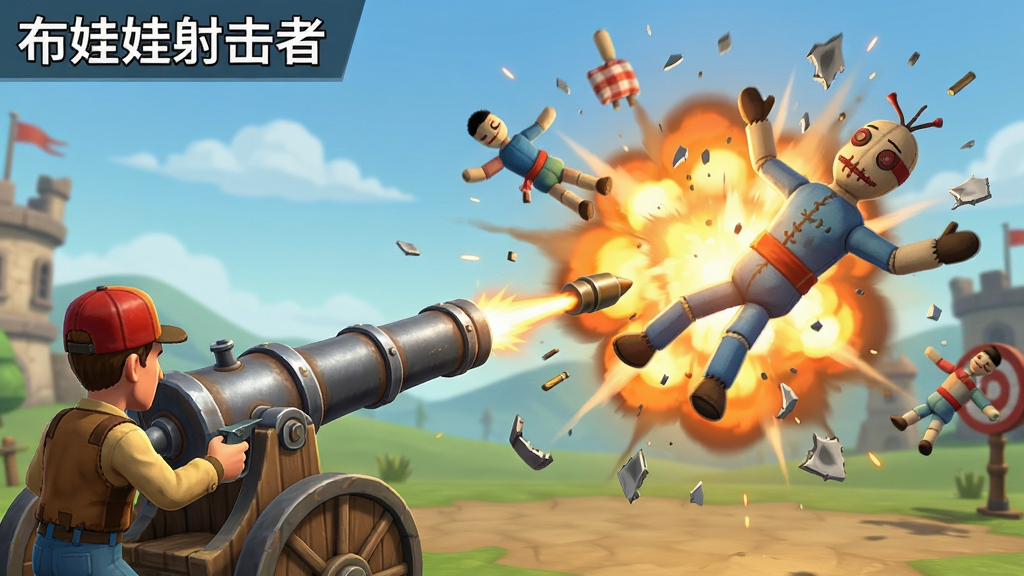 《布娃娃射击者》游戏内截图,展示玩家使用火炮精准射击,弹丸击中目标后产生爆炸效果,布娃娃被炸飞,场景碎片四散,画面动态感强,细节丰富,画质干净,无多余元素。
