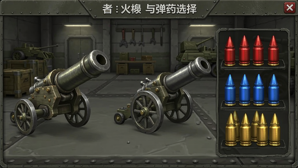 《布娃娃射击者》火炮与弹药选择界面,展示多款不同造型的火炮,旁边陈列着不同颜色的弹丸,有红色、蓝色、金色,背景为军火库风格,界面清晰,细节丰富,画质干净,无多余元素。