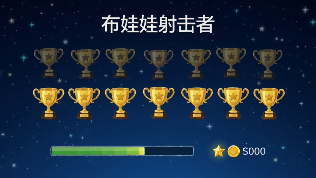 《布娃娃射击者》成就界面,展示一排排金色的奖杯图标,下方有进度条和金币奖励,背景为深蓝色星空,界面简洁明亮,画质干净,无多余元素。