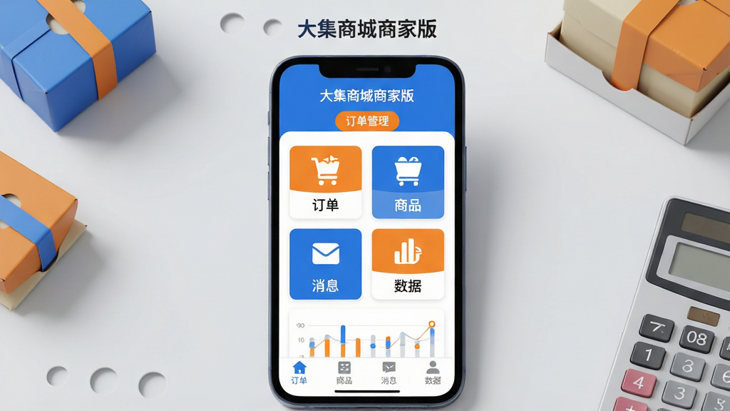 主体:一部智能手机屏幕显示“大集商城商家版”主界面,界面清晰展示订单、商品、消息、数据四个功能图标。布局:手机居中,背景为干净的浅灰色工作台,周围点缀小型商品包装盒和计算器元素。排版:界面图标整齐排列,模拟真实App布局,底部标签栏清晰。风格:扁平化设计,色彩以品牌蓝色和橙色为主,明亮通透。细节:屏幕中“订单管理”标签高亮,数据图表以小卡片形式展示,文字标识“大集商城商家版”置于手机上方。画质:高清渲染,干净无多余元素。