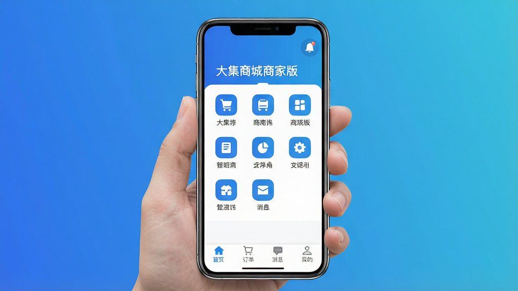 主体:单手操作手机界面,屏幕显示“大集商城商家版”的简洁首页,功能图标排列整齐。布局:手机占据画面中央,背景为纯色渐变,突出界面元素。排版:图标下方配有清晰文字标签,颜色以蓝白为主。风格:扁平化UI,简洁清新。细节:底部导航栏只有“首页、订单、消息、我的”四个选项,屏幕右上角显示消息铃铛图标。画质:高清,干净无多余元素。