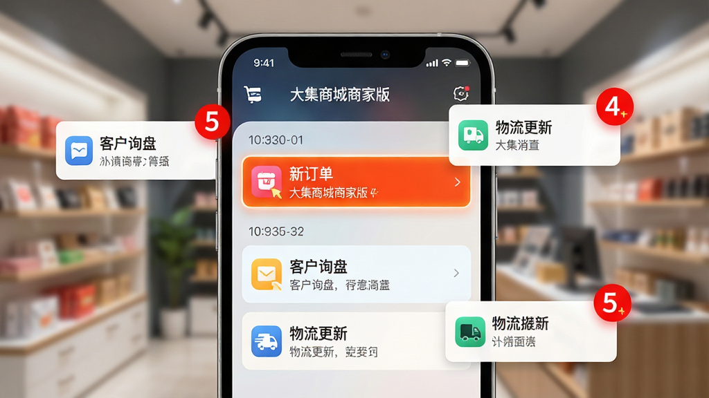 主体:手机通知栏展示“大集商城商家版”的多条消息提醒,包括“新订单”、“客户询盘”、“物流更新”。布局:手机屏幕正面展示,周围环绕动态的红色数字角标和消息弹窗,背景为模糊的店铺内景。排版:消息列表按时间排列,重点消息用亮色高亮。风格:科技感UI设计,色彩鲜明。细节:每条消息前有对应的小图标,屏幕顶部显示“大集商城商家版”名称。画质:高清,干净无多余元素。