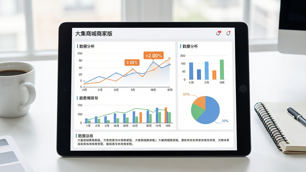 主体:平板电脑上展示“大集商城商家版”的数据分析图表,包括折线图、柱状图和饼图。布局:平板居中,背景是简洁的办公室桌面,摆放咖啡杯和笔记本。排版:图表布局清晰,坐标轴标注明确,关键数据用醒目颜色标注。风格:商务简约风,背景浅色,图表色彩搭配协调。细节:屏幕左上角显示“大集商城商家版”字样,图表下方有数据总结文字。画质:高清渲染,干净无多余元素。