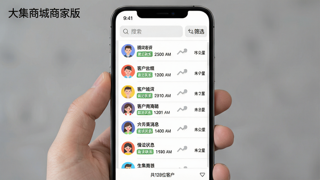 主体:手机屏幕展示“大集商城商家版”的客户列表,每个客户头像旁有跟进状态标签。布局:列表从上到下排列,背景为灰白色,头像为圆形彩色图标。排版:每行显示客户名称、最近联系时间和未读消息数。风格:商务简洁风,信息密度适中。细节:顶部搜索框和筛选按钮,屏幕底部显示“共128位客户”,左上角标注“大集商城商家版”。画质:高清,干净无多余元素。