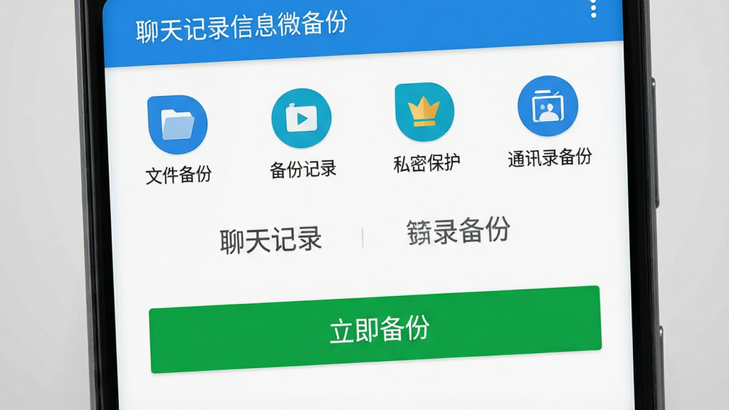 画面主体为一部安卓智能手机屏幕特写,屏幕中央显示“聊天记录信息微备份”应用主界面,界面布局清晰,上方为四大功能图标(文件备份、备份记录、私密保护、通讯录备份),下方为绿色“立即备份”按钮。整体风格扁平化,配色以蓝白为主,背景为浅灰色渐变,画质高清,干净无多余元素,突出软件的专业与安全属性。